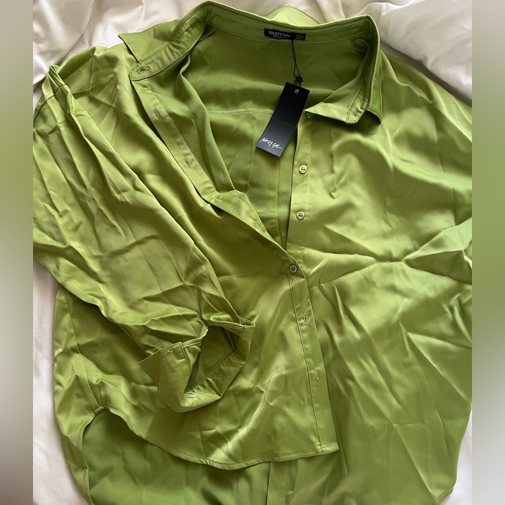NastyGal oversized green satin button down shirt.